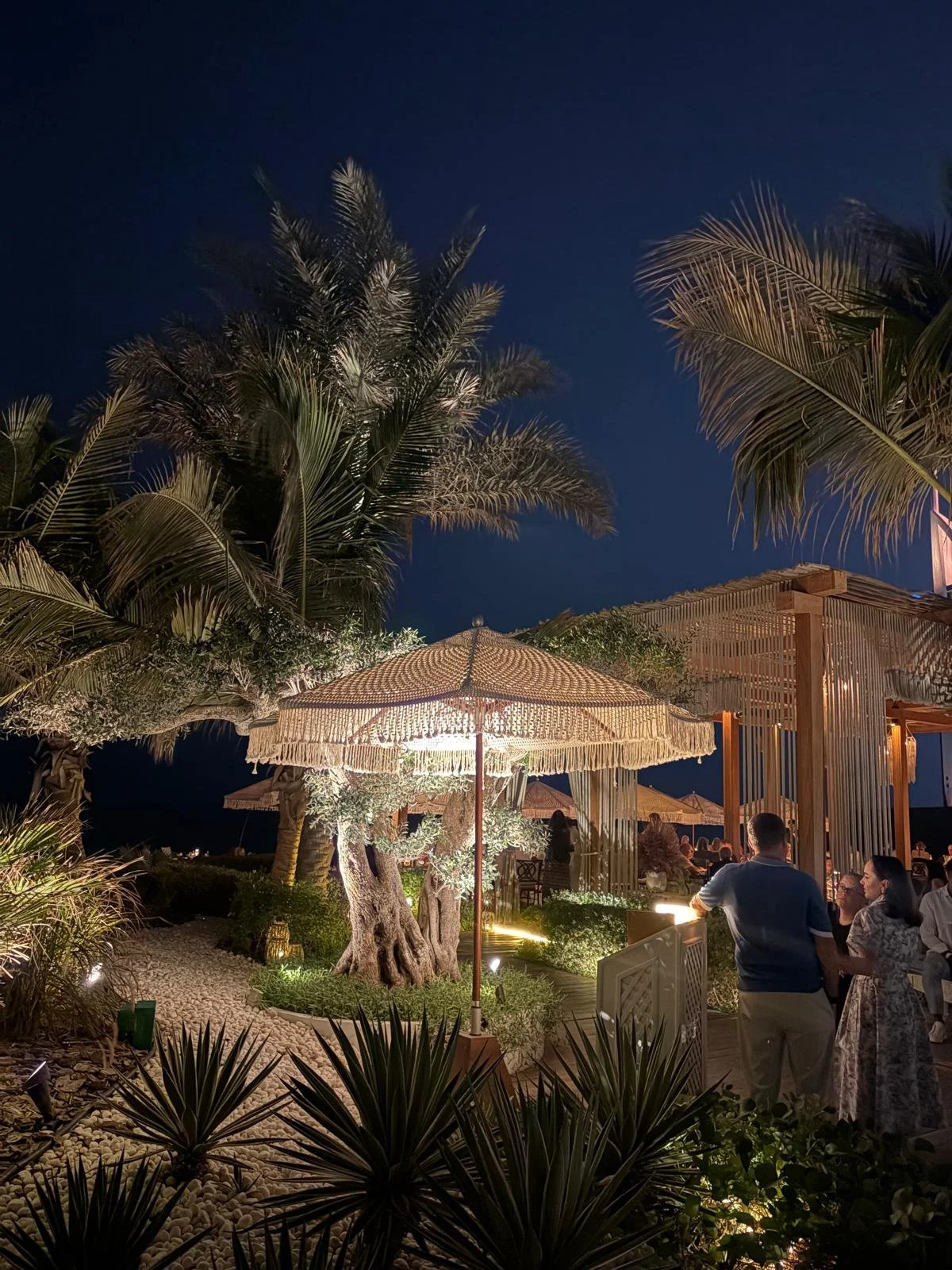 Night scene at an outdoor restaurant with palm trees, illuminated umbrellas, and people dining under a clear, dark sky.