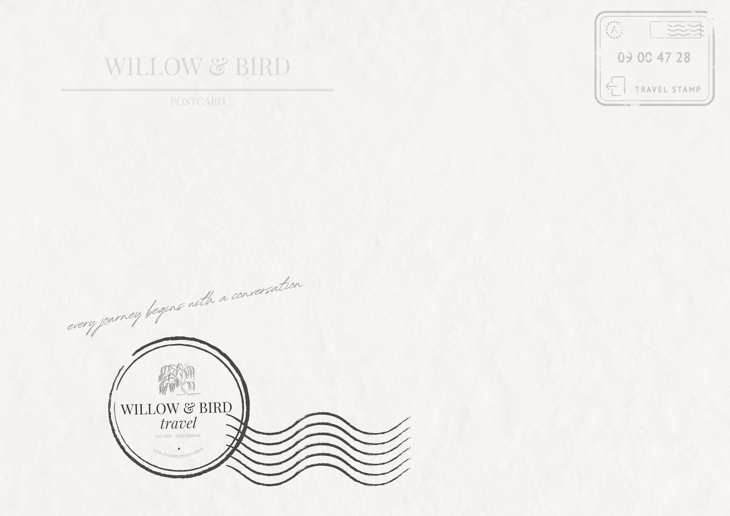 A vintage style travel postcard with the text "Willow & Bird" and a circular stamp with a tree logo, wavy lines, and a handwritten message.