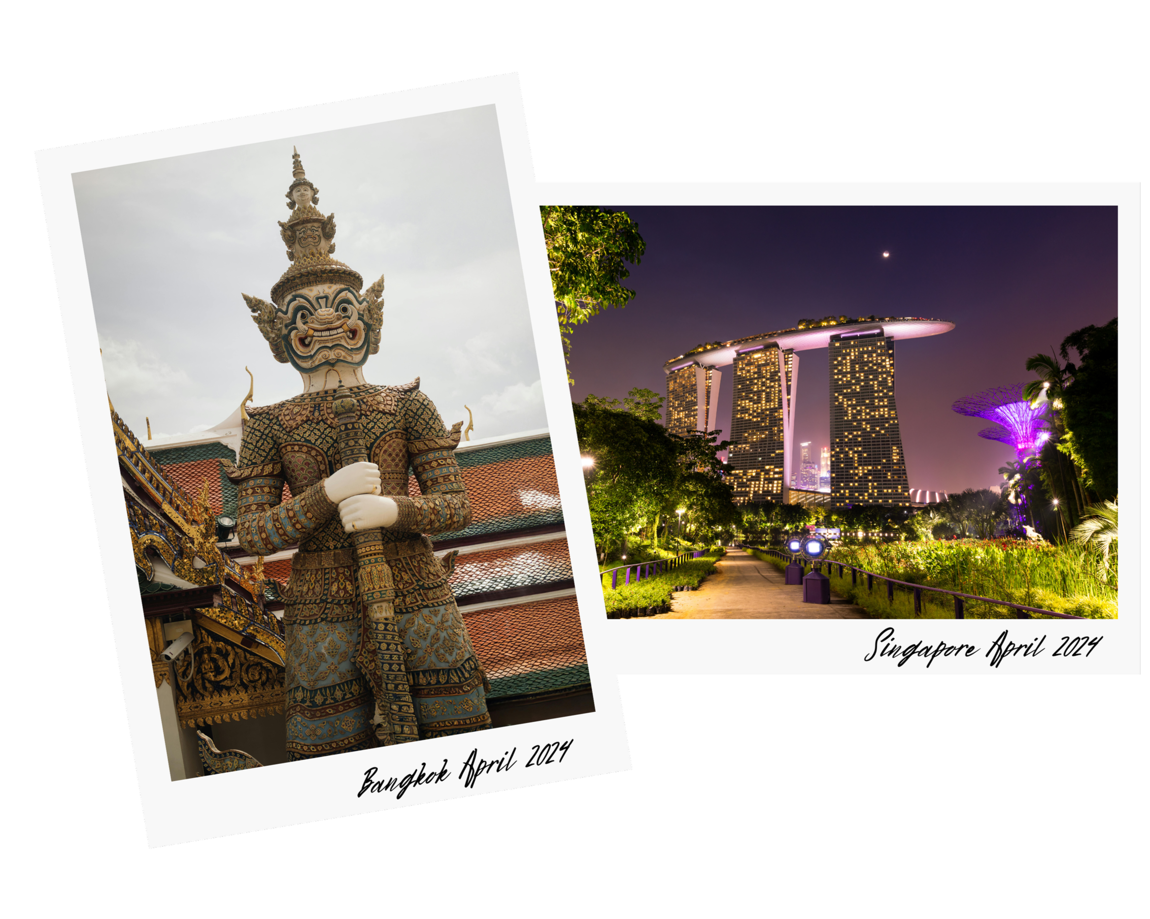 Two photos from Singapore in April 2024. The first features a detailed, colorful statue of a mythological creature with a human head and a lion body, situated in a temple with ornate roofs. The second shows the Marina Bay Sands hotel at night, with three towers and a ship-like structure on top, surrounded by lush greenery and illuminated in purple and yellow lights.