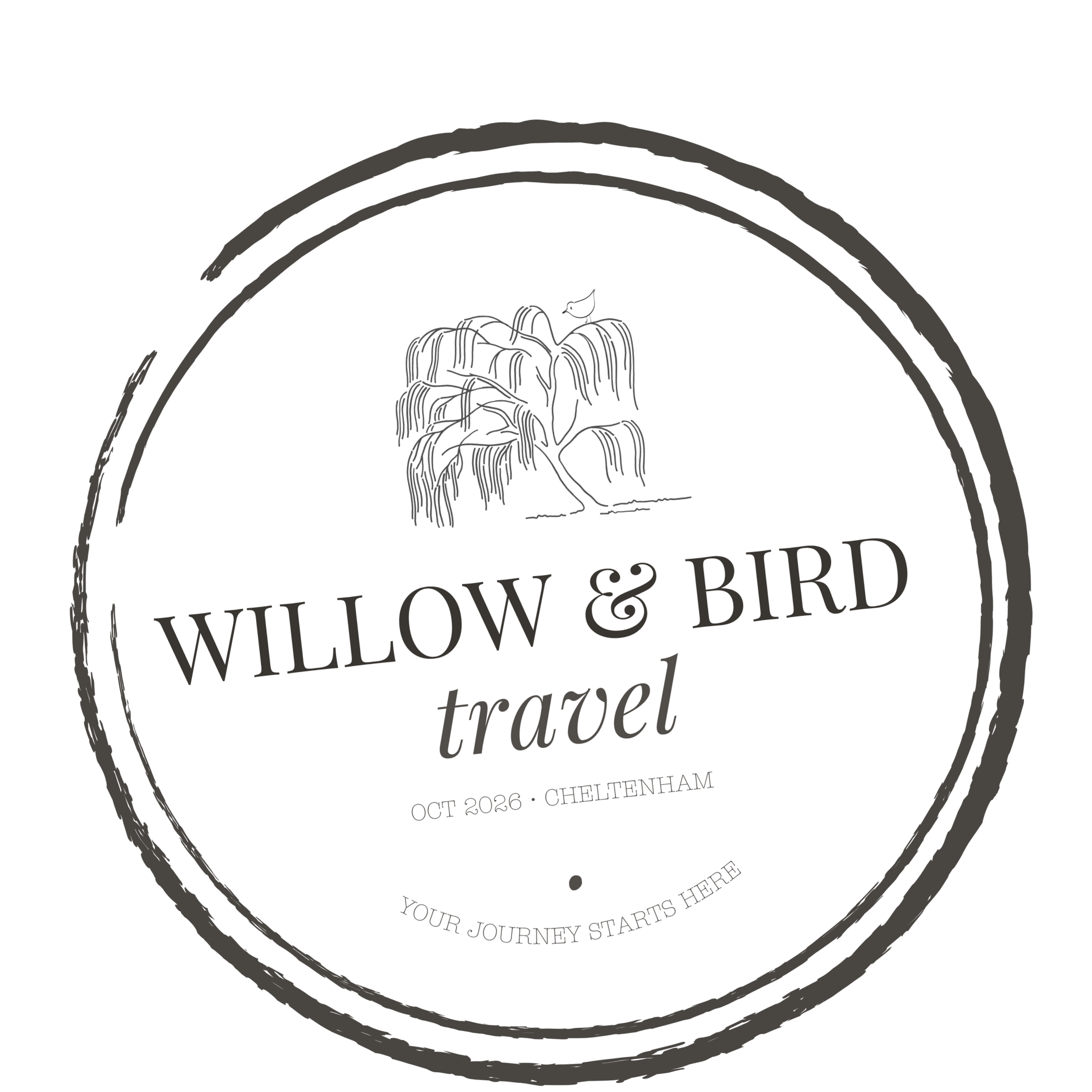 A circular design with a lotus flower and the text 'Willow & Bird' and some additional writing about a journey and a retreat, with a date of October 2026 and location Cheltenham.