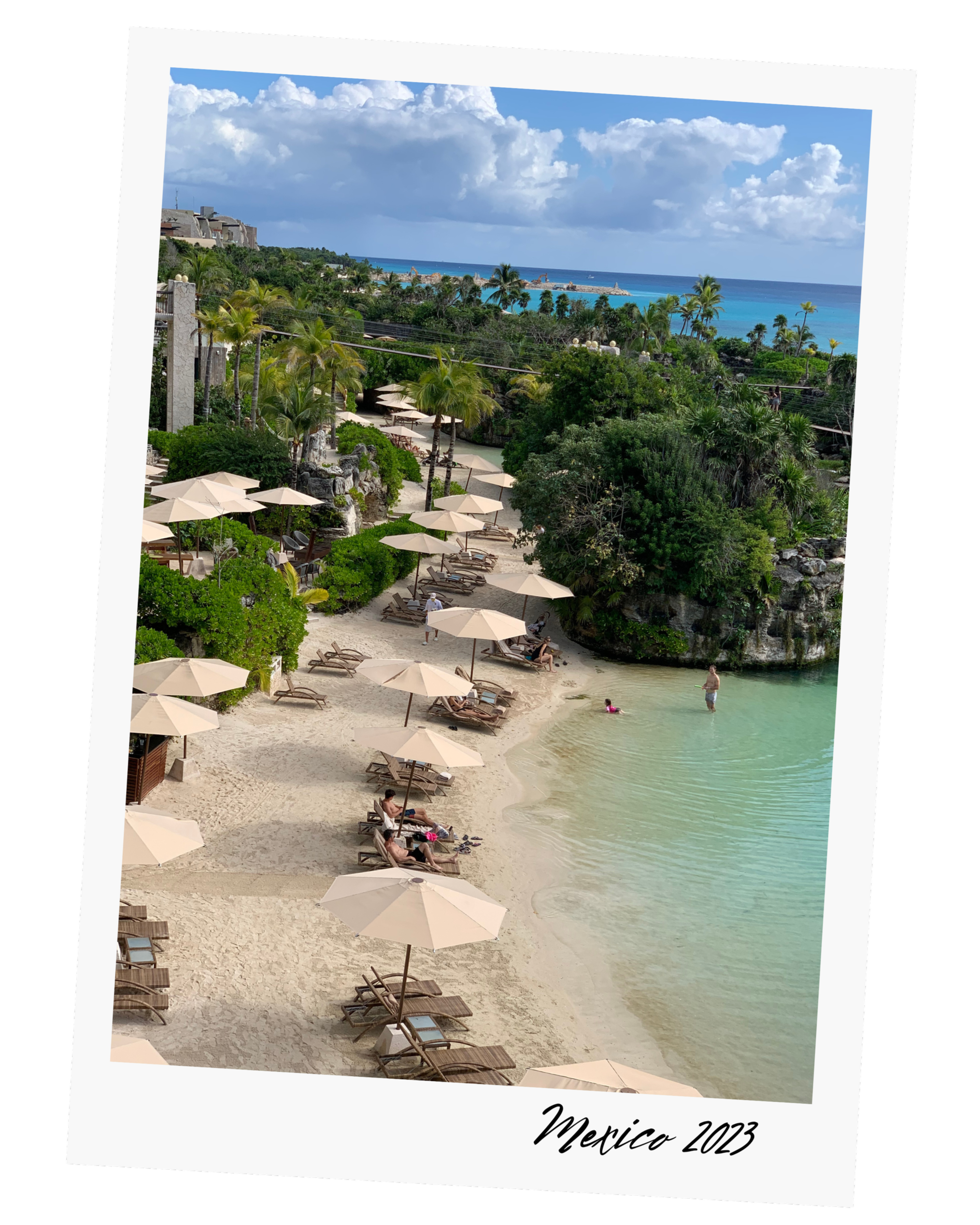Beach with lounge chairs and umbrellas, people swimming in the water, lush green vegetation, blue ocean, partly cloudy sky, Mexico 2023