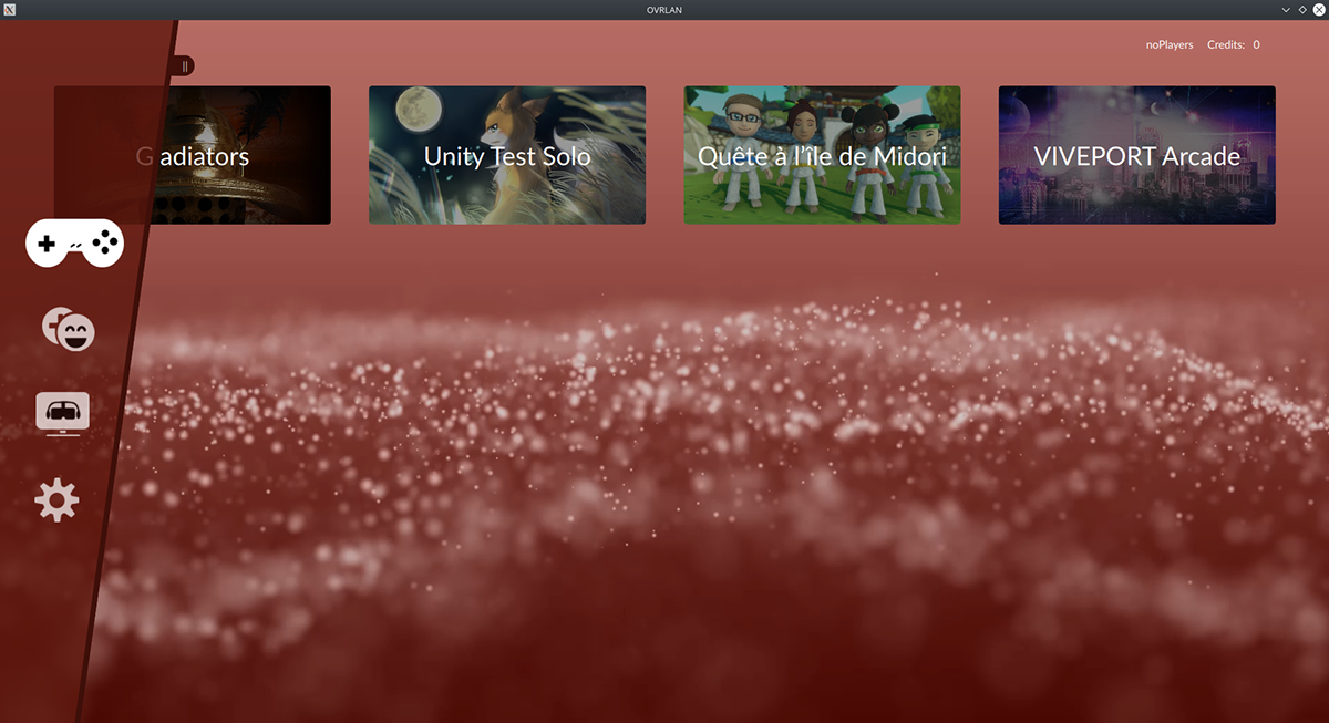 Screenshot of a gaming console menu screen displaying game titles like 'Gladiators,' 'Unity Test Solo,' 'Quête à l'île de Midori,' and 'VIVEPORT Arcade.' The background features a pinkish-red abstract design with a glittery effect.