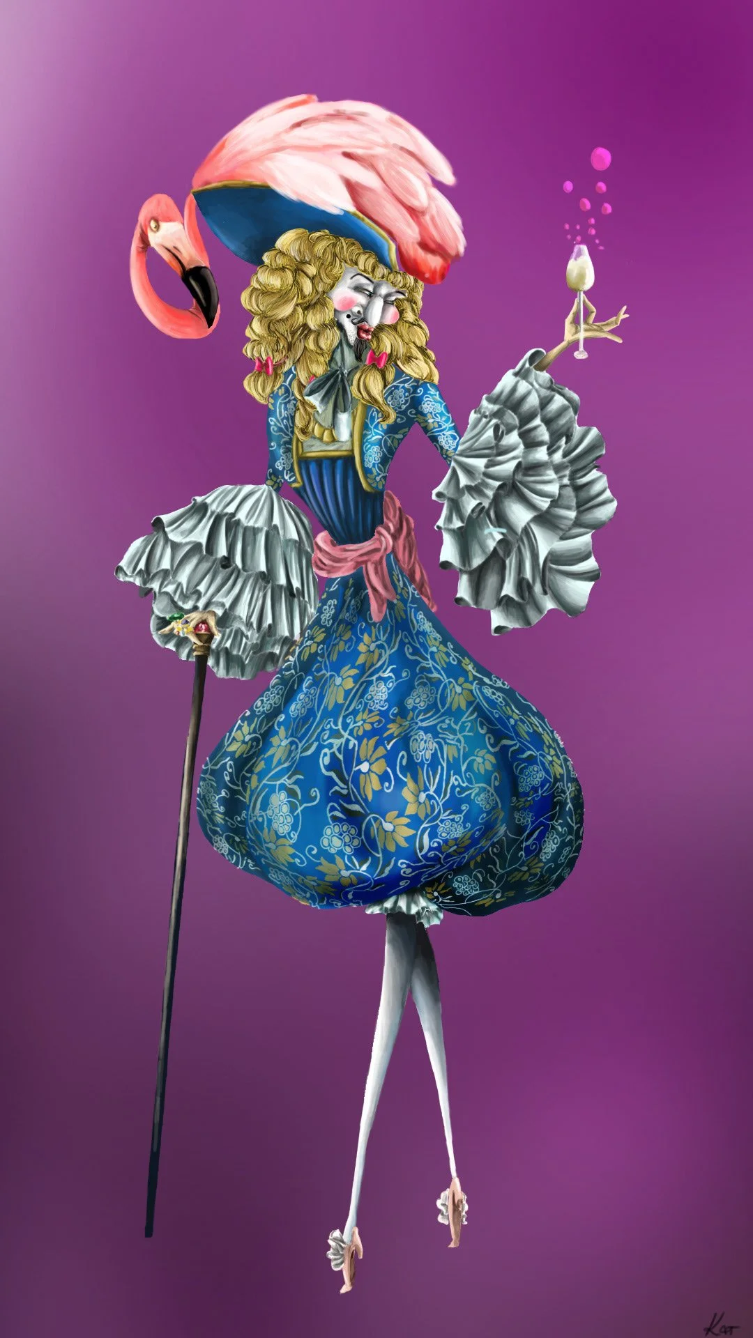 A whimsical illustration of a flamboyant, elegant bird character dressed in detailed, colorful clothing, with a flamingo head, holding a glass of pink drink with bubbles on a vibrant purple background.