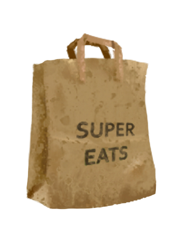A paper bag with torn edges and handles, labeled "SUPER EATS."