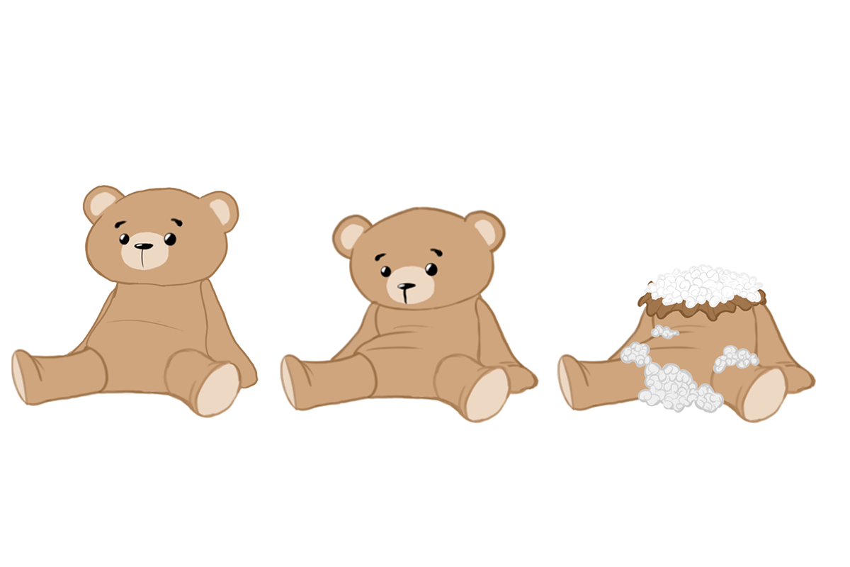 Sequence of three teddy bears: the first sitting calmly, the second sitting calmly, and the third with soap suds on its head and body.