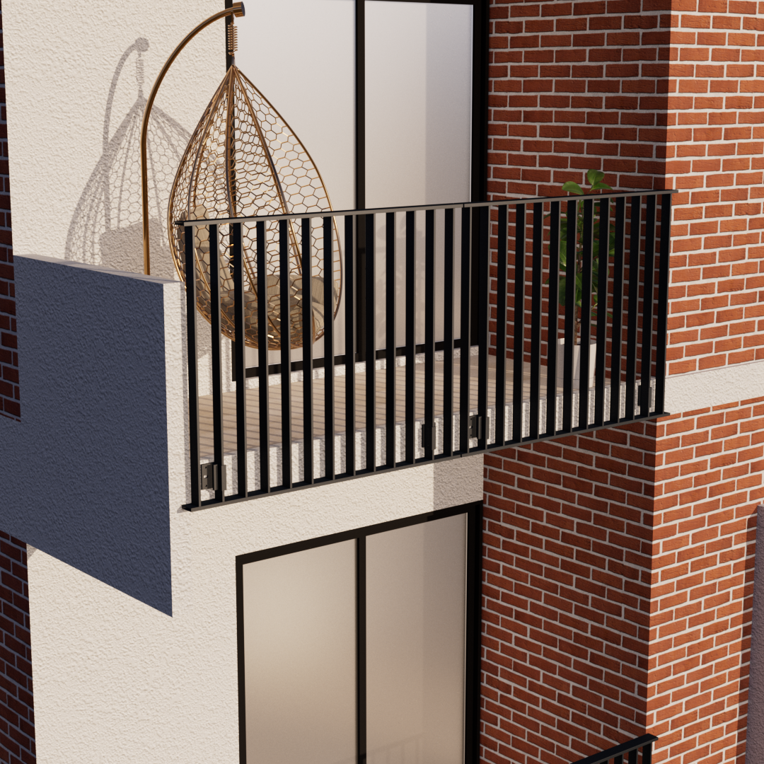A balcony with a black railing, a hanging wicker chair, a potted plant, and windows on a brick and stucco building.