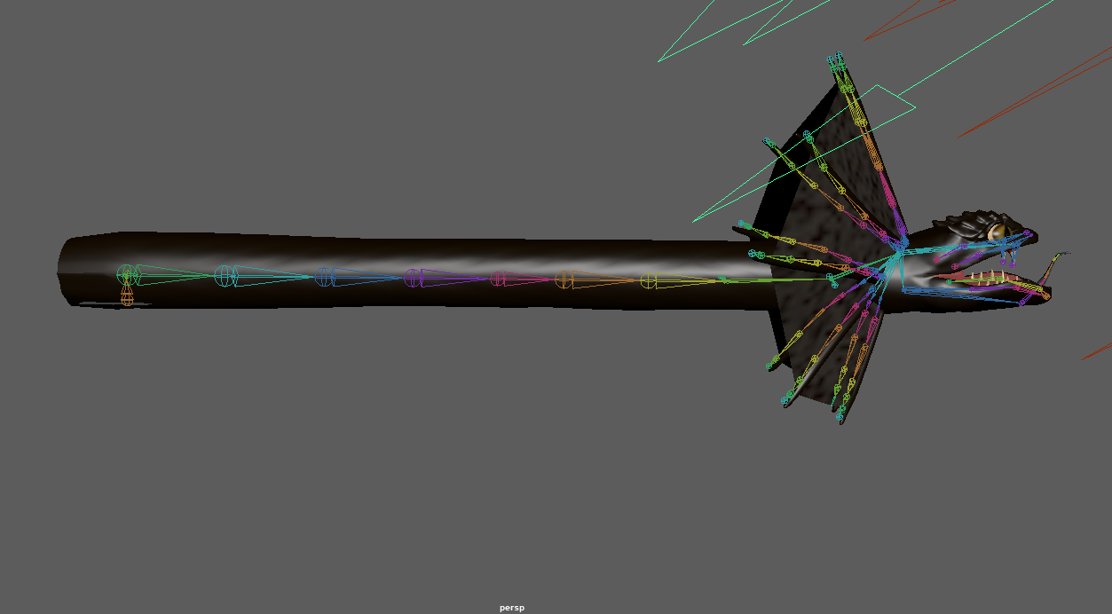 A computer-generated rigged model of a dragon's head and neck, showing skeletal joints and bones with colored lines and points on a gray background.