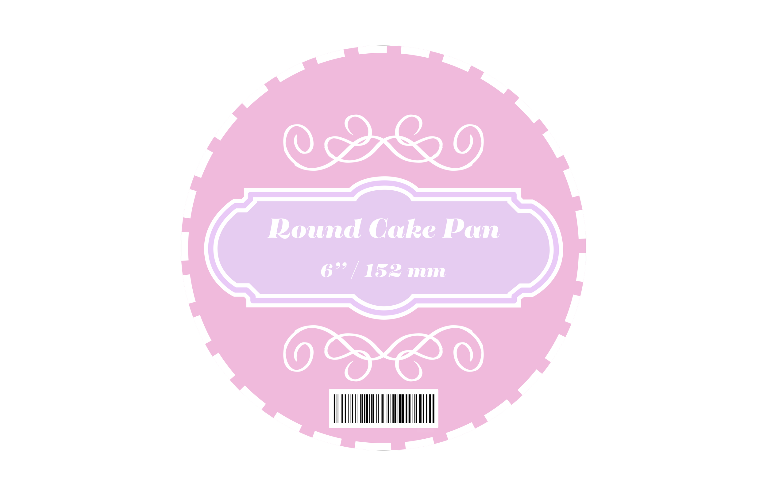 Pink round cake pan packaging with decorative white swirls, labeled 'Round Cake Pan 6 inches / 152 mm', includes barcode at the bottom.