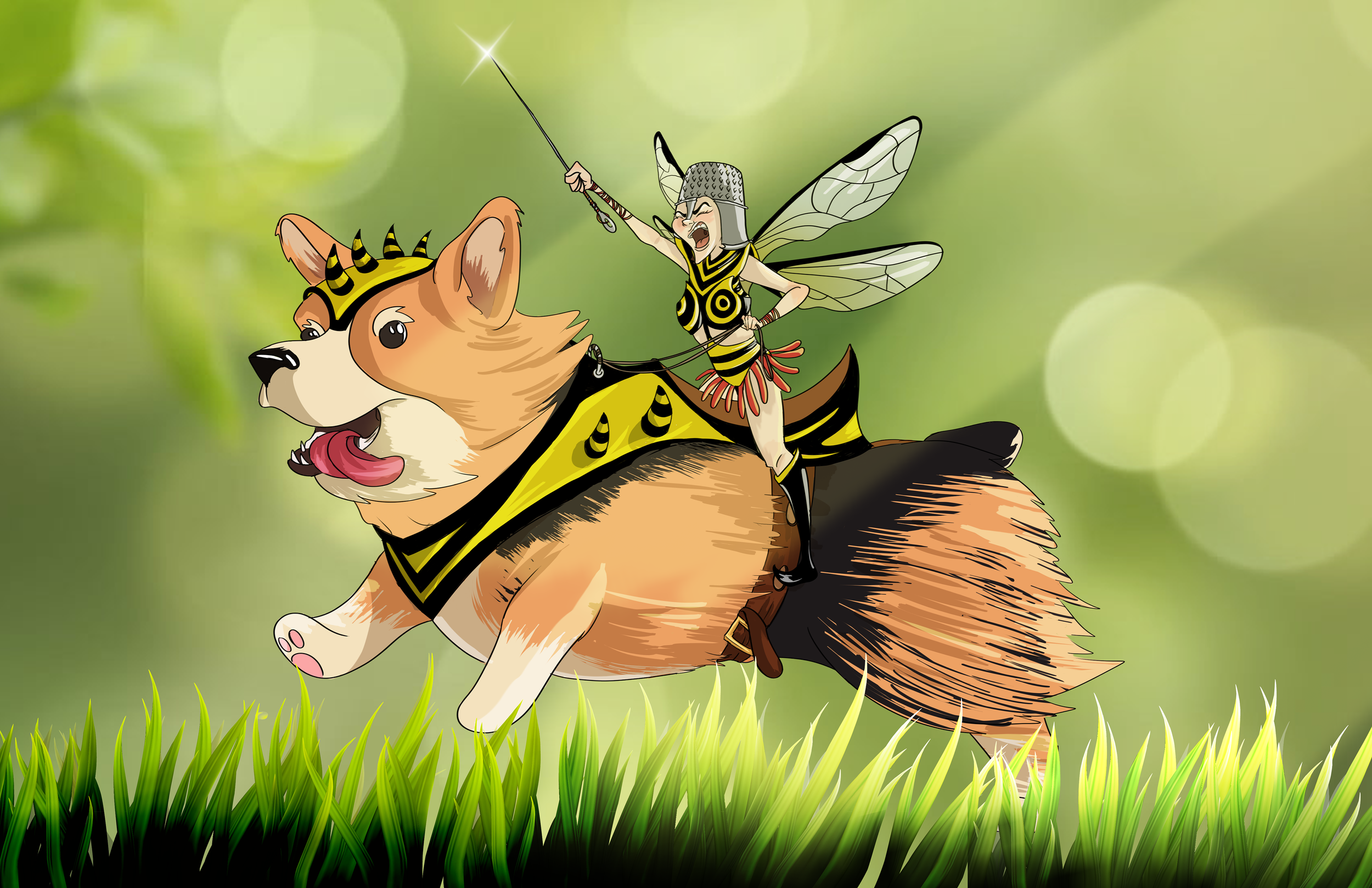 Cartoon of a fairy riding a dog dressed as a bee, with a background of green grass and blurred green bokeh lights.