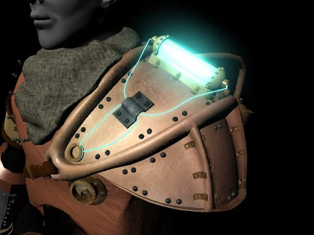 Close-up of a futuristic, high-tech shoulder armor with a glowing blue energy cell and wiring, worn by a person in a costume.