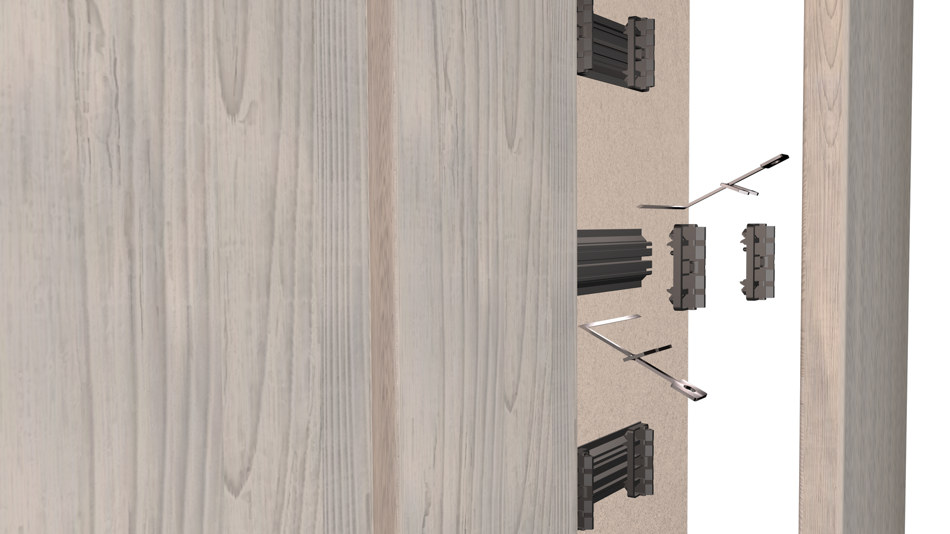 Top-down view of a conference room with a large table, chairs, and a blue projection screen.