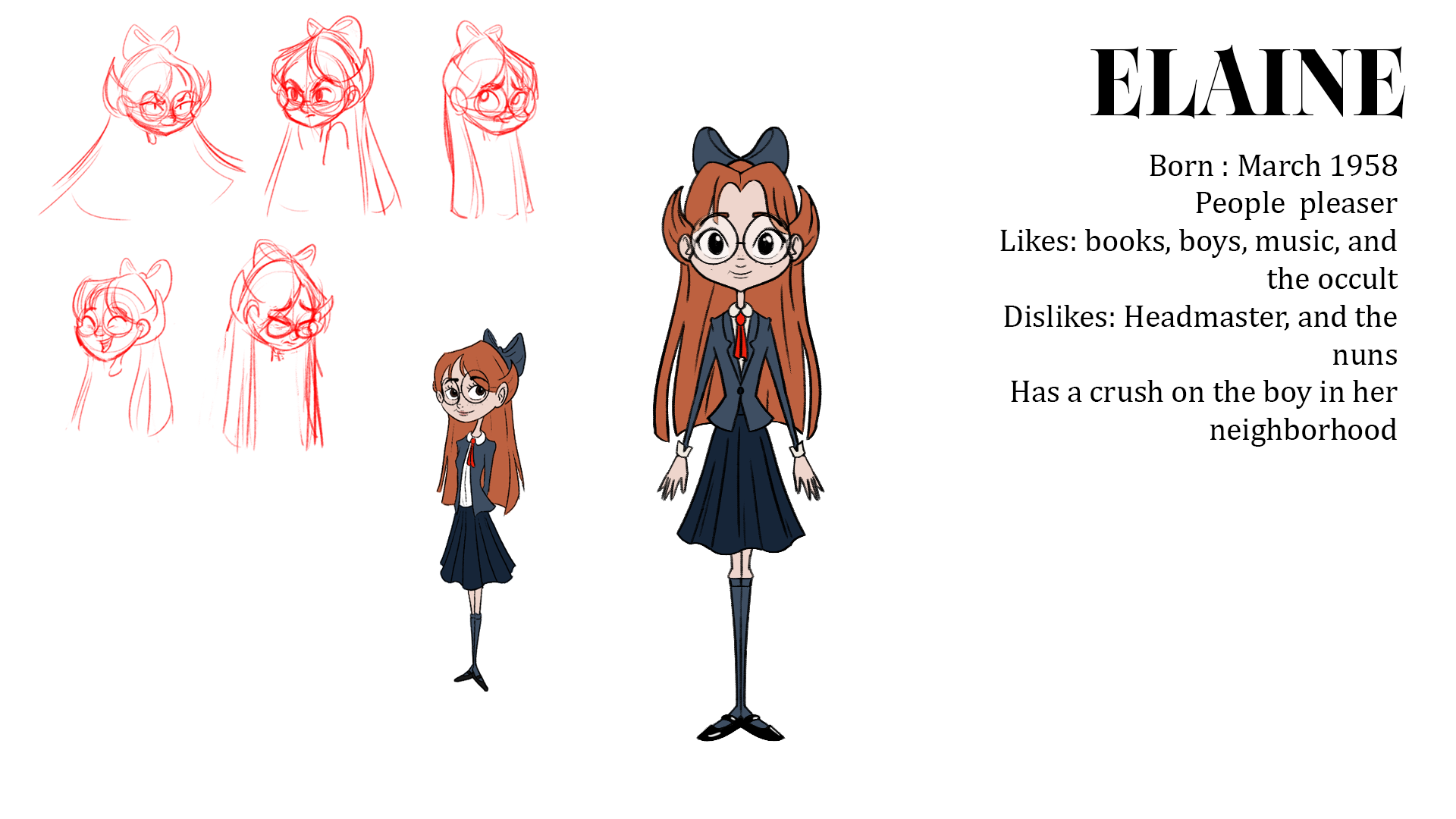 Character sheet of Elaine with a full-body illustration and smaller sketch variations. Elaine has long orange hair, glasses, a school uniform with a navy jacket and skirt, a white shirt, red tie, and blue knee-high socks. A blue bow adorns her hair. 