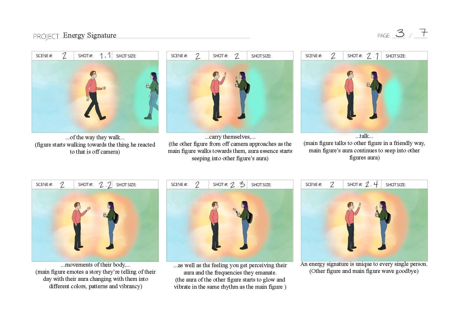 Storyboard showing two people using aura energy signatures during a conversation, with aura colors and movements illustrating their emotional states.