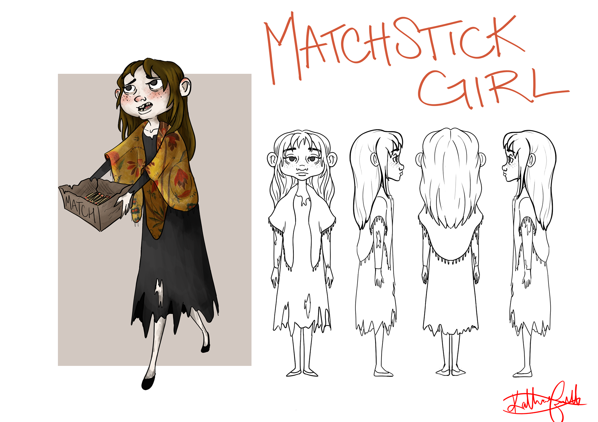 A colored illustration of a girl with long, messy hair, wearing a torn black dress and a patterned shawl, holding a matchstick box, with the words 'Matchstick Girl' written above and character design sketches to the right.