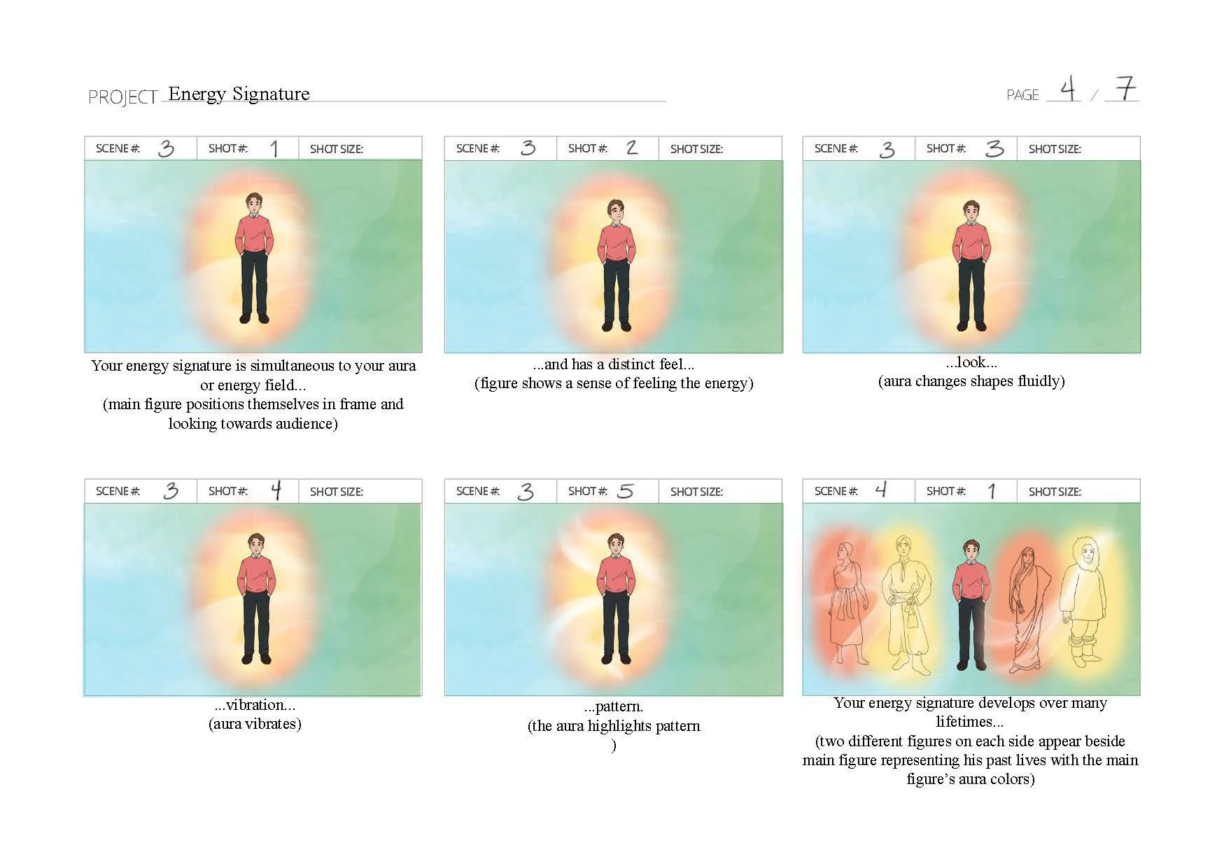 A visual storyboard titled 'Energy Signature' showing a person with an aura and energy patterns. It describes the person's energy signature, feeling, look, vibration, and pattern through six frames with illustrations and explanatory text.