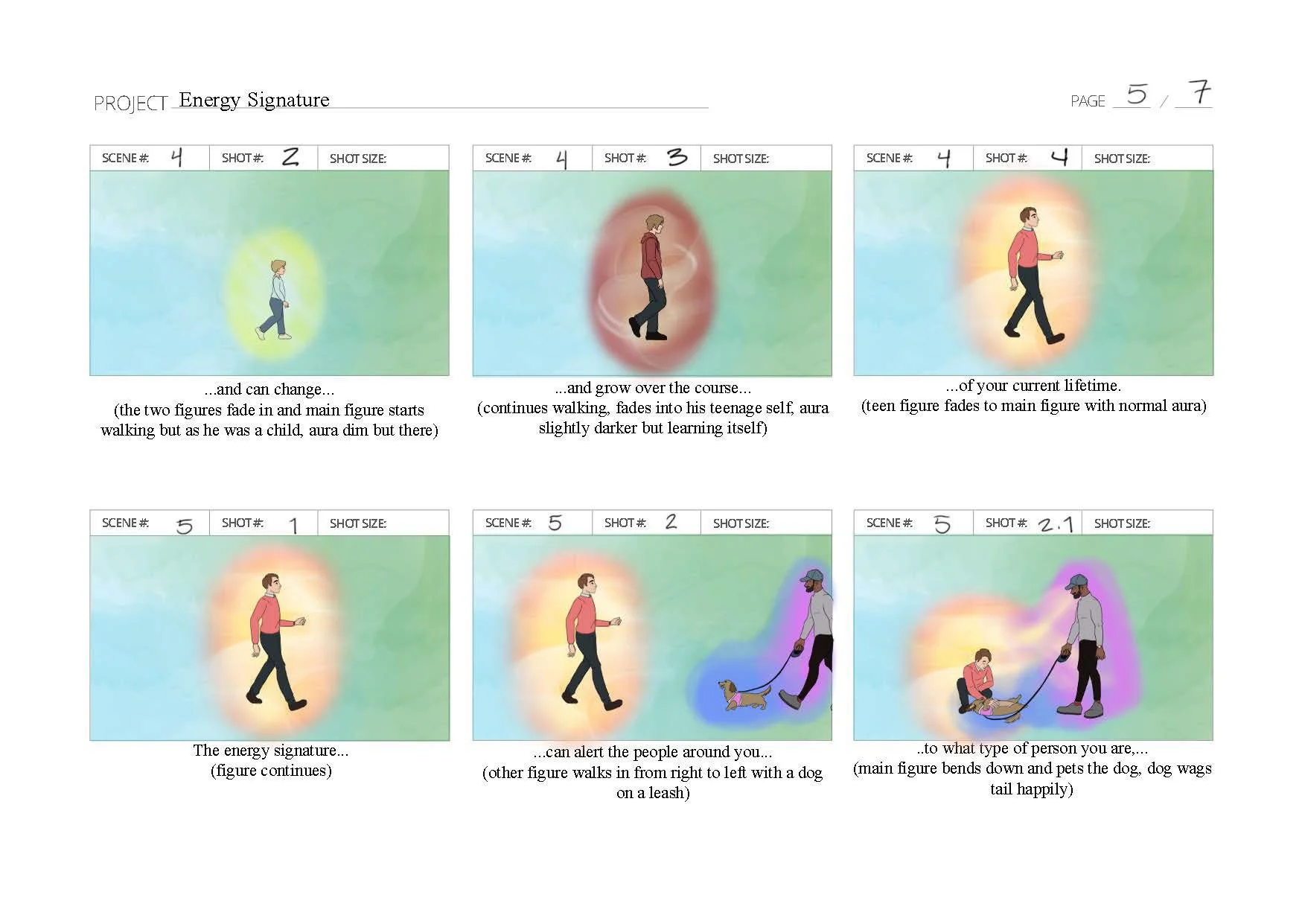 Storyboard for a project titled 'Energy Signature' illustrating stages of personal energy change from childhood to current age, with visual effects around figures indicating energy levels and interactions with a pet dog.