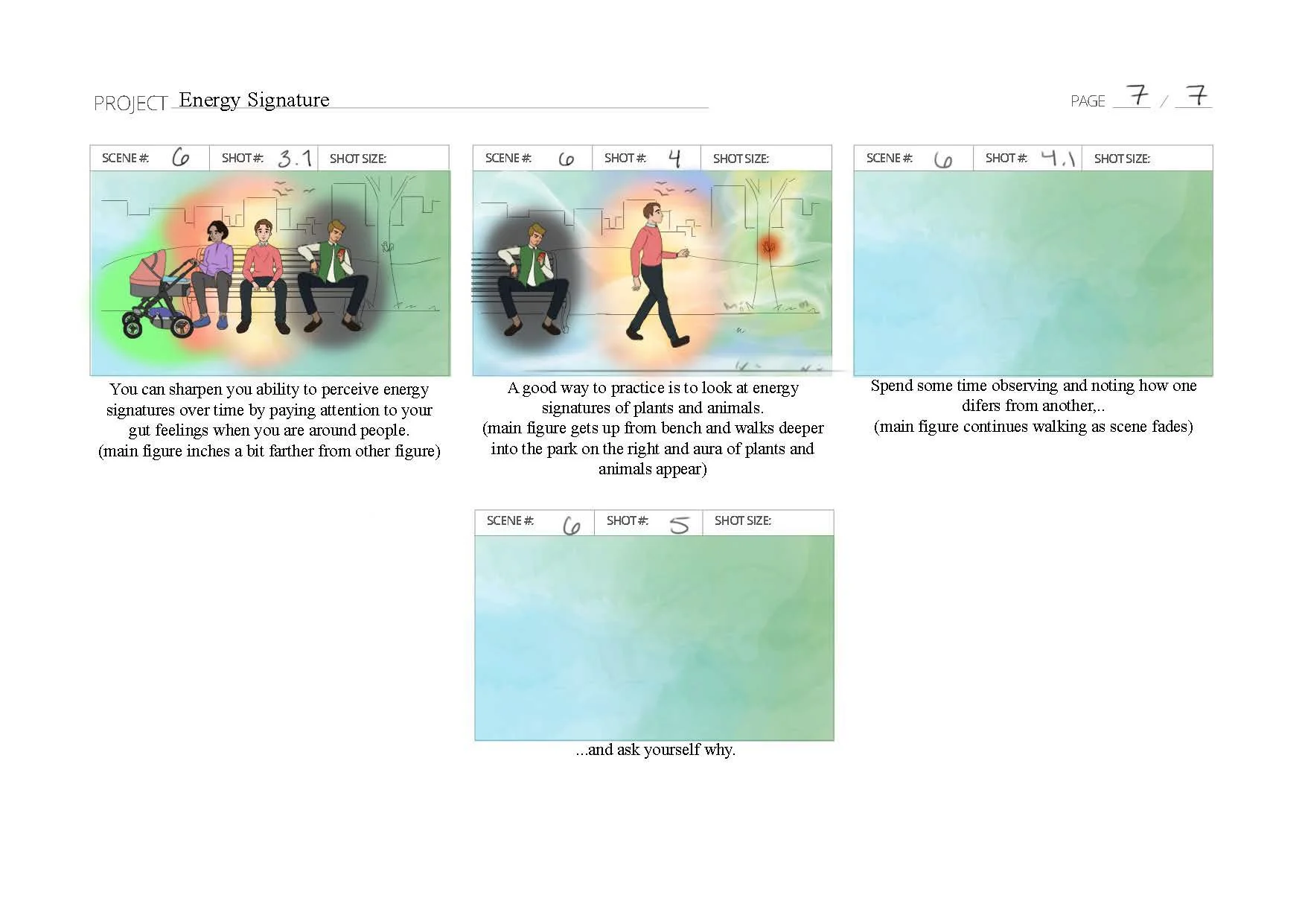 An illustrated diagram showing different scenes of people in a park, with colorful heat map overlays indicating energy signatures and tips for perceiving and observing energy in their environment.