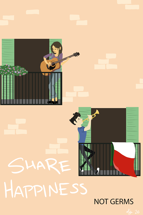 Two people playing musical instruments on balconies; a woman with a guitar and a man with a saxophone, with the words 'Share Happiness' and 'Not Germs' written on the image.