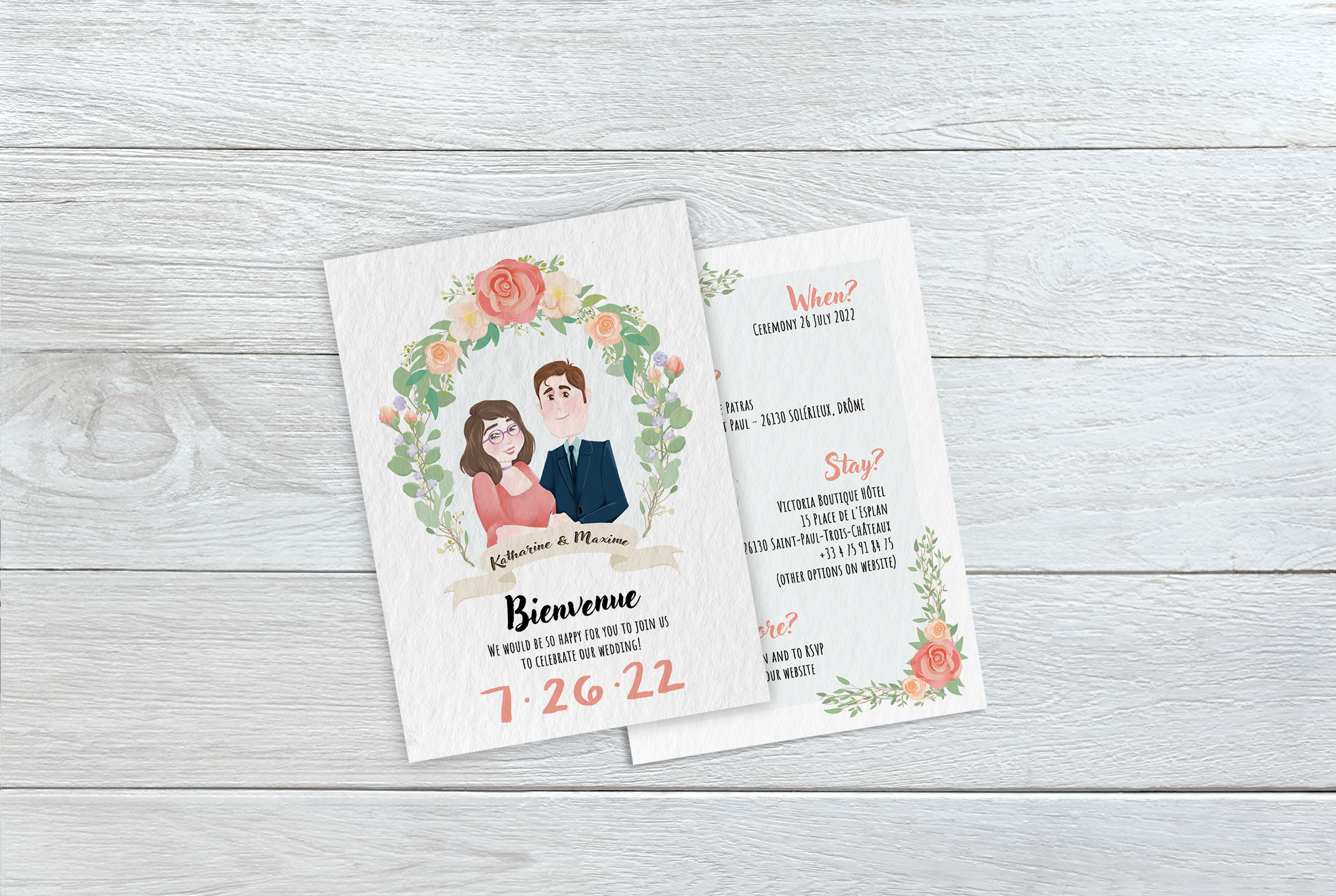 A wedding invitation card with a floral illustration of a couple, surrounded by pink and peach flowers and green leaves. The card includes the names "Katharine & Maxime" and the wedding date "7.26.22" along with details about the ceremony and recepti