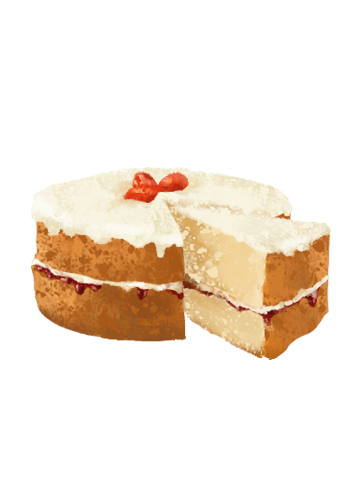 A slice of layered cake with white frosting on top, red cherries, and a purple base, showing layers of cake and cream filling.