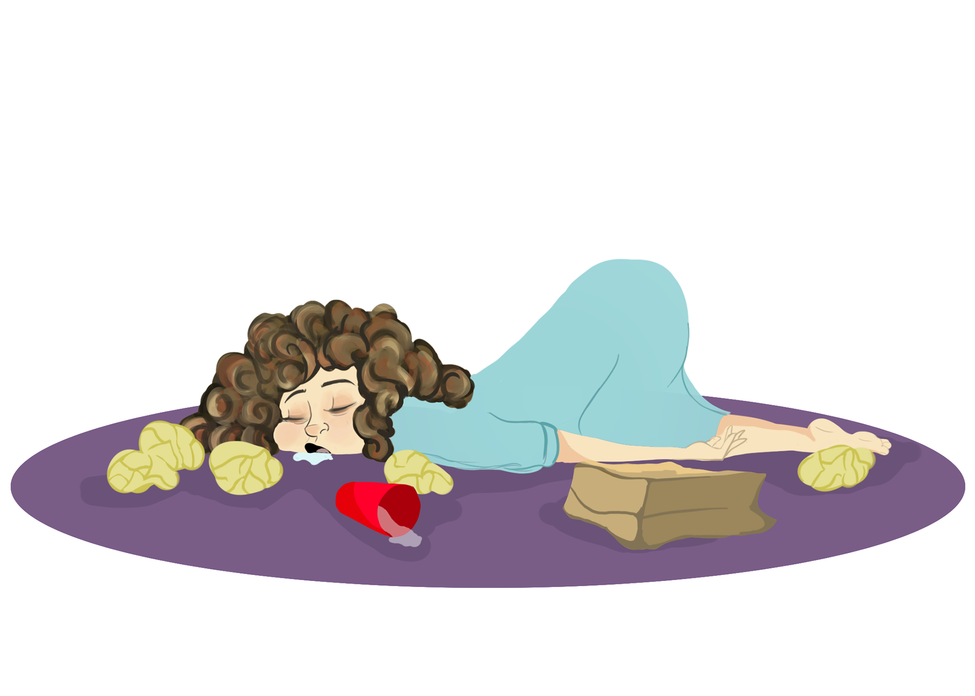 A person with curly hair sleeping face-down on a purple rug, surrounded by crumpled tissues, an empty red cup, and a brown box.
