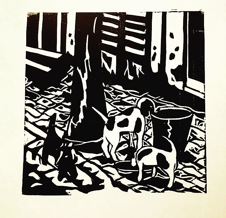 Black and white stencil art of dogs inside a room with wooden flooring and a large bucket.