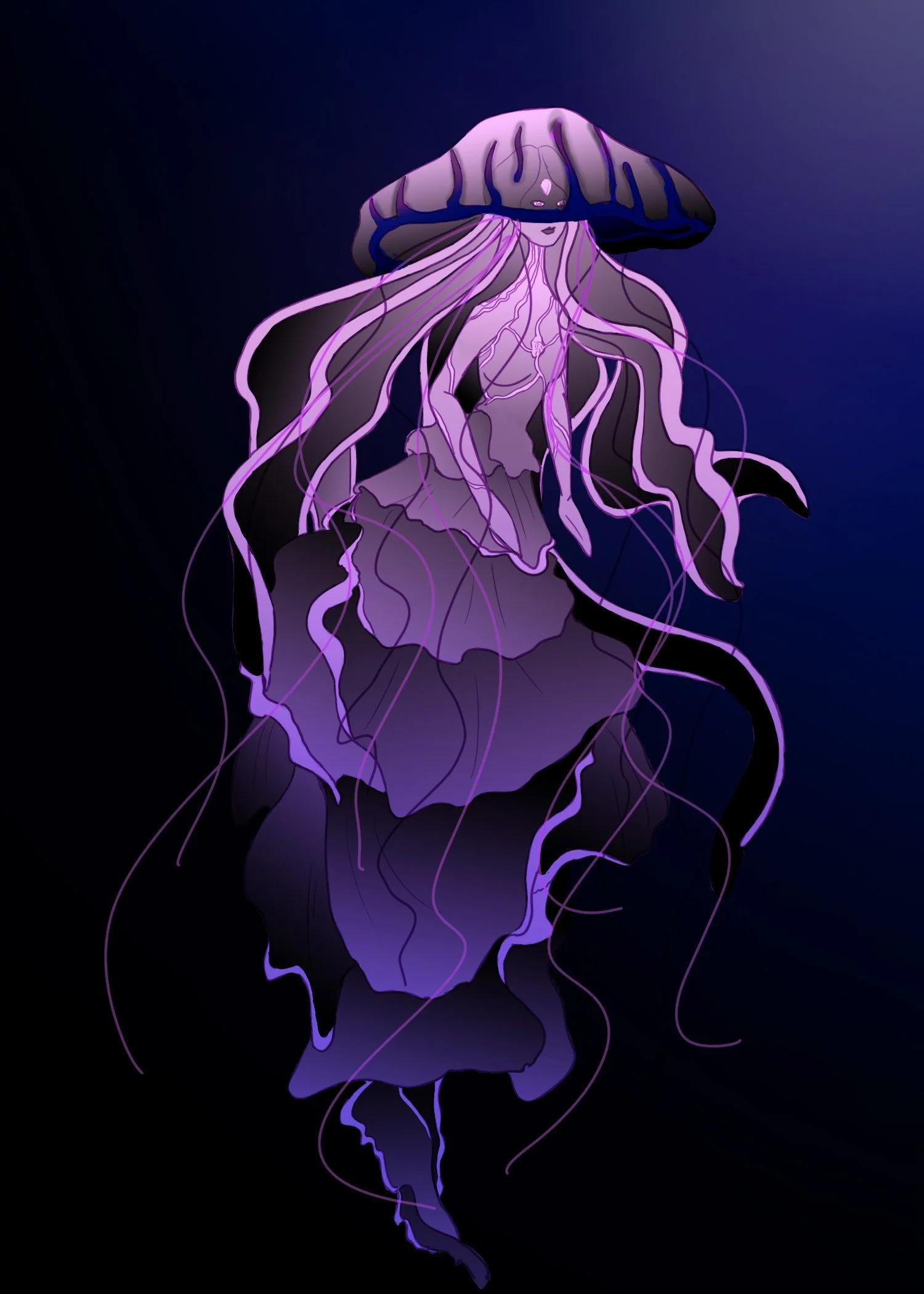 A mystical jellyfish-like creature with a human face, purple tendrils, and a glowing semi-transparent bell, floating in a dark, underwater scene.