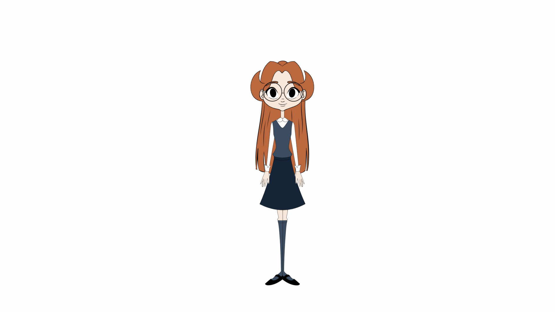Animated girl with long red hair, glasses, wearing a navy blue vest, white shirt, navy blue skirt, and knee-high socks, standing upright against a white background.