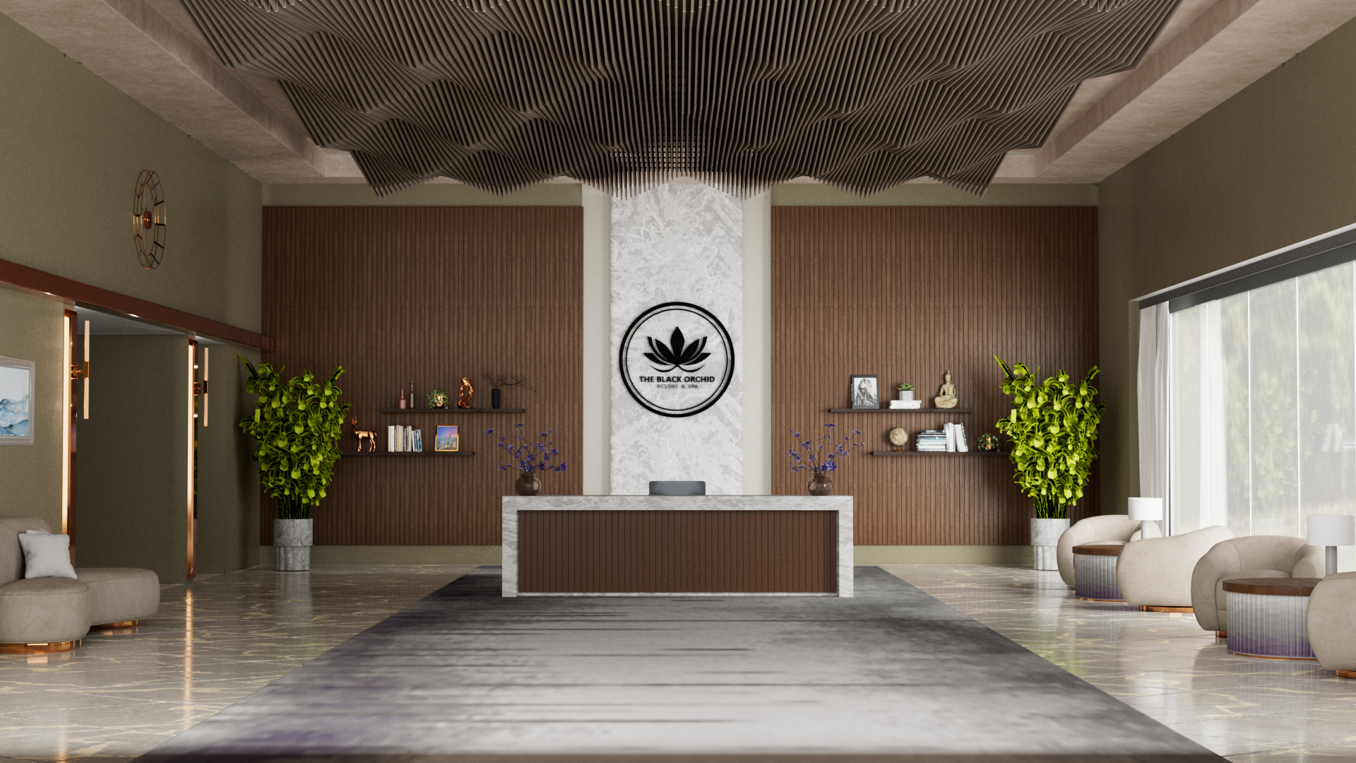 Lobby of The Black Orchid Resort & Spa with a reception desk, potted plants, couches, large windows, wall clock, and decorative items.