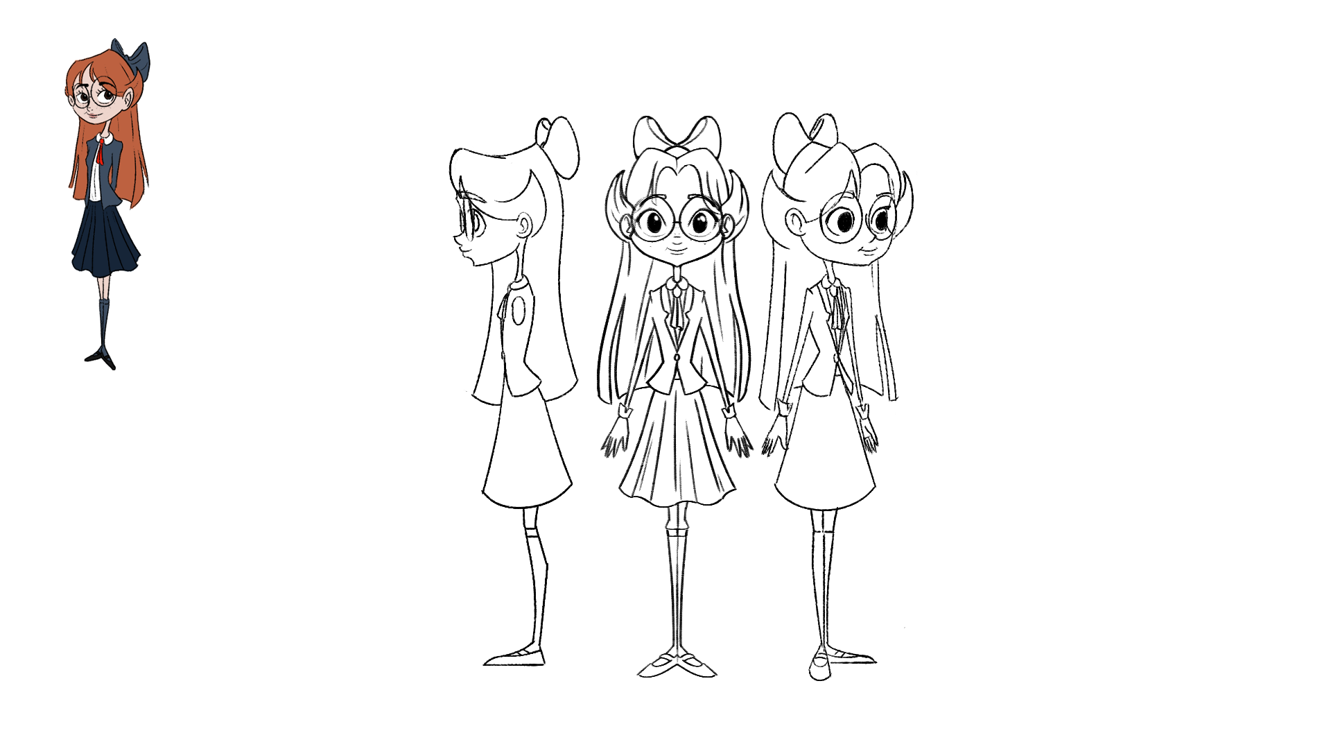 Colored animated character girl with glasses, navy blazer, white shirt, and navy skirt, with red tie and blue bow in hair, standing on a white background