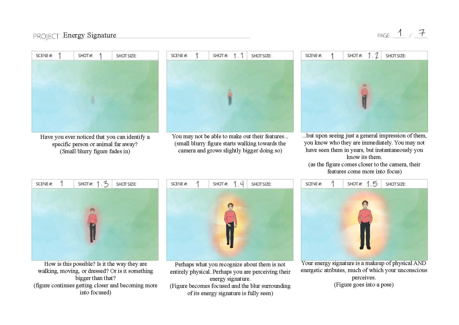 A storyboard titled 'Energy Signature' illustrates a blurry figure gradually becoming clearer as it approaches a camera, with a person in a pink top and dark pants. Each panel explains how energy signatures allow recognition beyond physical appearanc