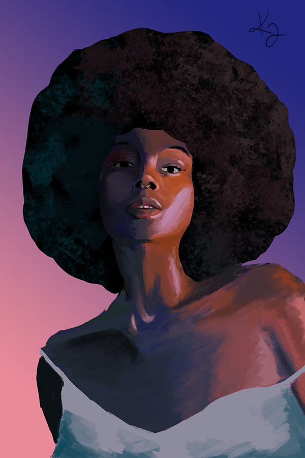 Digital art portrait of a woman with dark skin and voluminous afro hairstyle against a gradient background transitioning from purple to pink, with a signature in the top right corner.