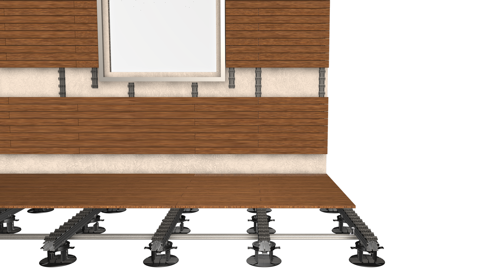 A construction or renovation site showing a floor level with wooden planks and metal support beams with adjustable height mechanisms, and a wall with pipes and a window.