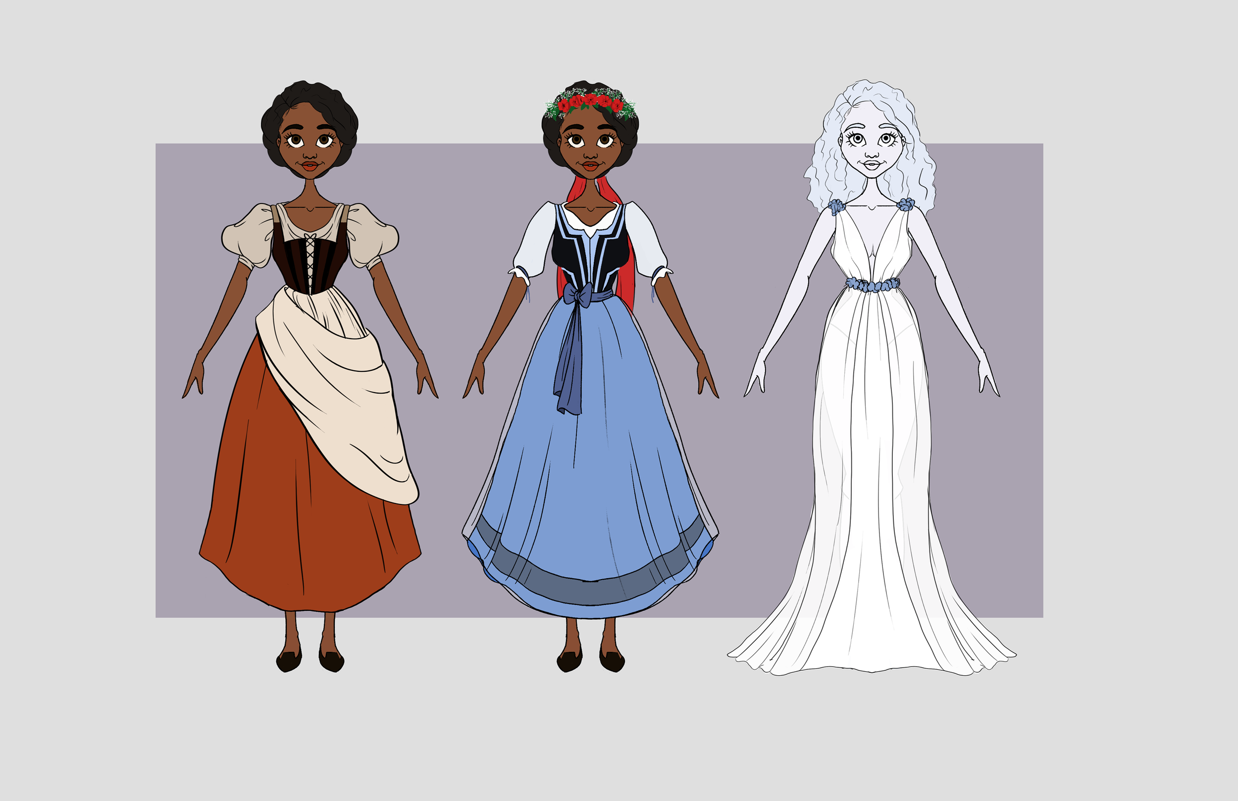 Drawing of three women in historical dresses: on the left, a woman with dark skin and short curly hair in a brown and beige dress; in the middle, a woman with dark skin, curly hair, and a floral crown in a traditional costume with a blue skirt and wh