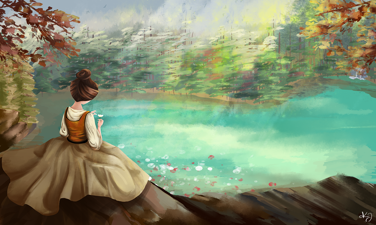 A woman with brown hair styled in a bun, wearing a long beige skirt and a brown vest, sits on a rock by a lake surrounded by autumn trees with reddish and orange leaves. She is holding a small cup and gazing at the calm, greenish lake, with a forest 