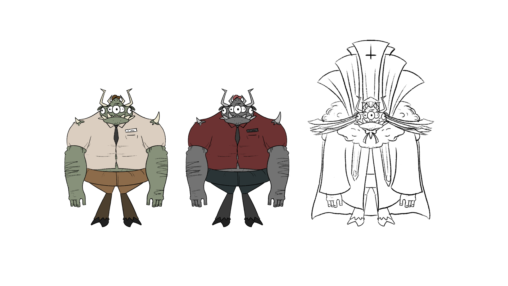 Three artistic illustrations of a three-eyed, four-armed, ogre-like character with horns, dressed in different costumes. The first is colored with a beige shirt and green arms, the second in a red shirt and gray arms, and the third is a line drawing 