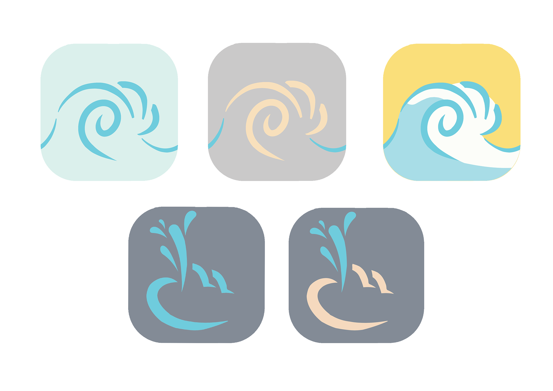 Set of five app icons featuring stylized waves and water splashes in various colors and designs.