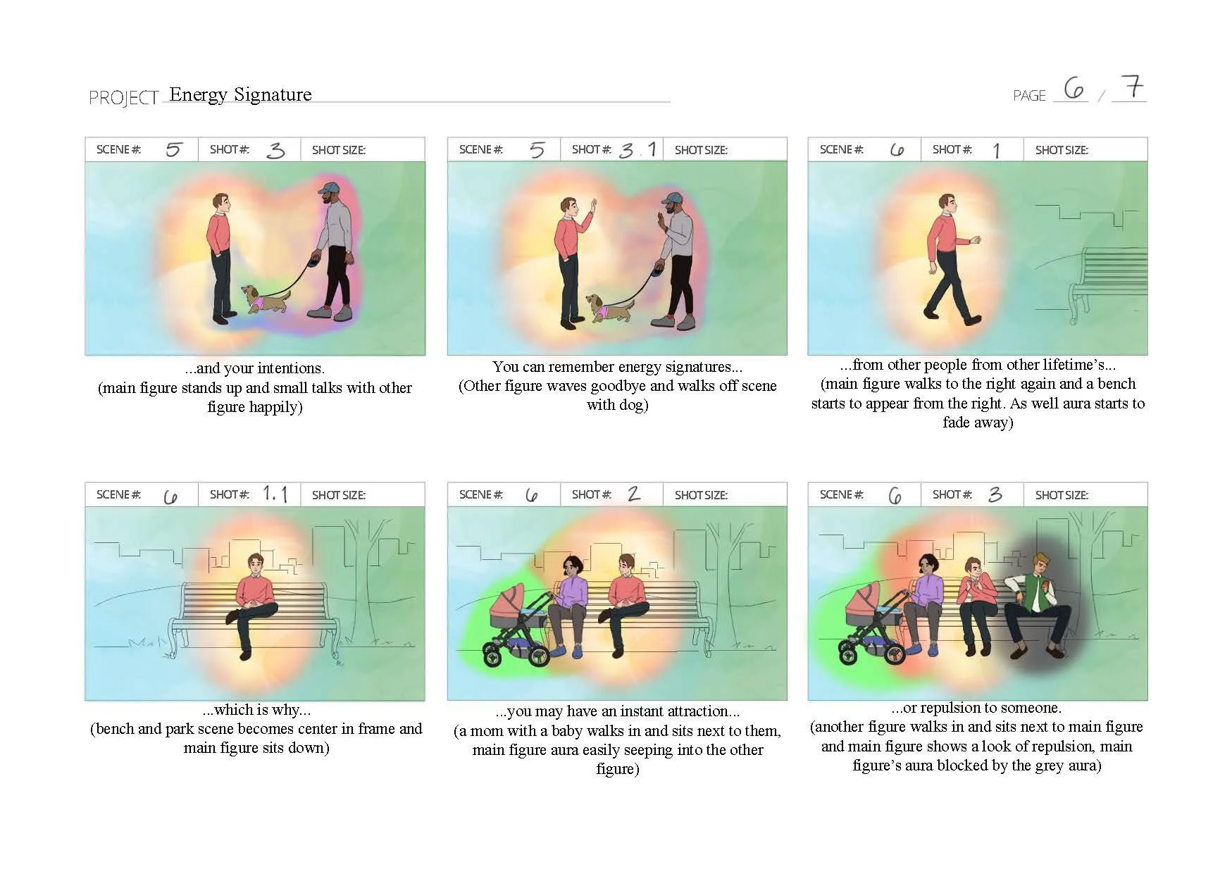 Storyboard for an energy signature project showing a sequence of interactions between main figures, including conversations, farewells, and social reactions in a park setting, with visual cues like benches, trees, and a stroller.