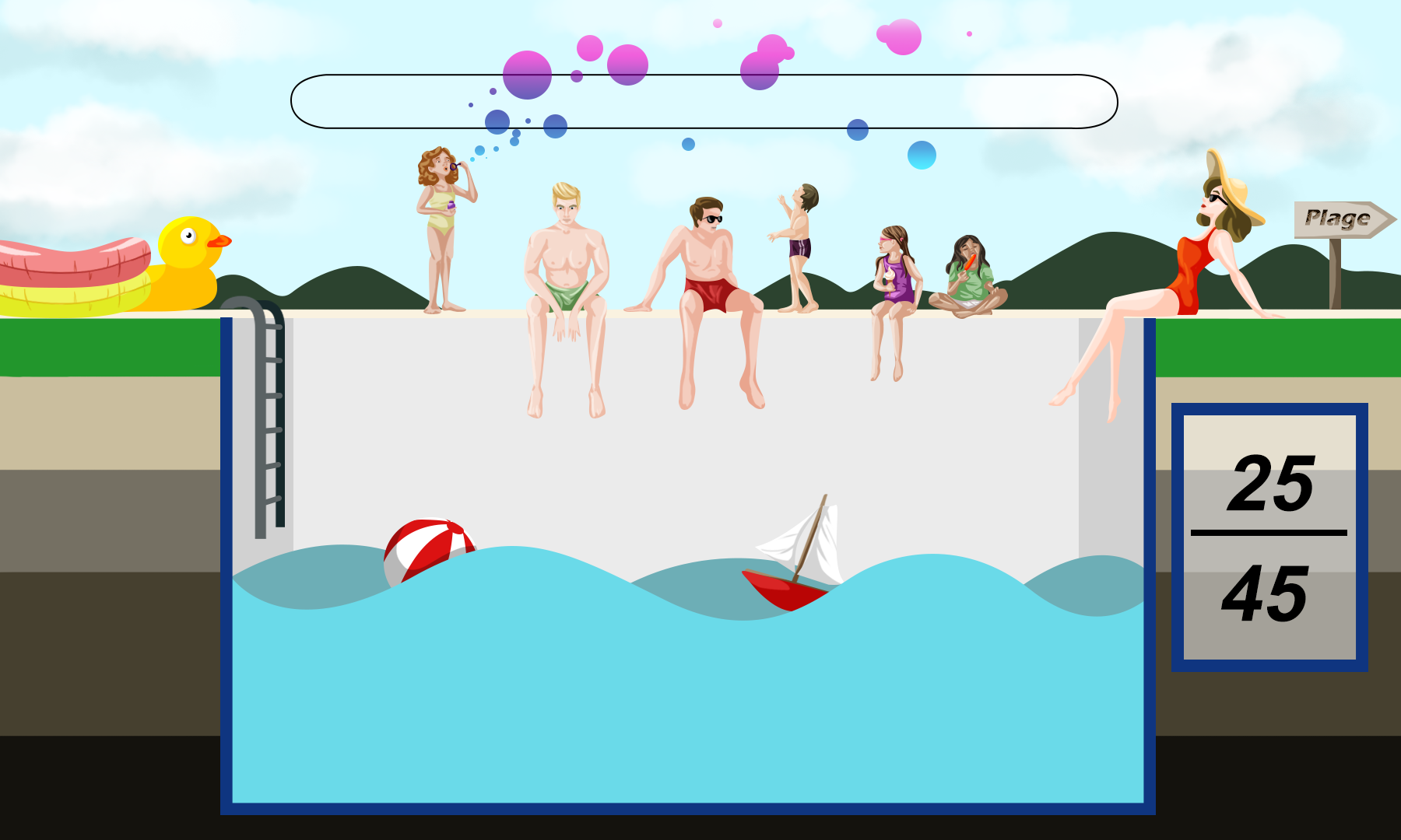 A cross-section diagram of a swimming pool depicts various activities. Adults and children are sitting on the pool edge, with one woman in a red swimsuit sitting on the pool deck. Pool toys, including flotation rings, a beach ball, and a small sailbo