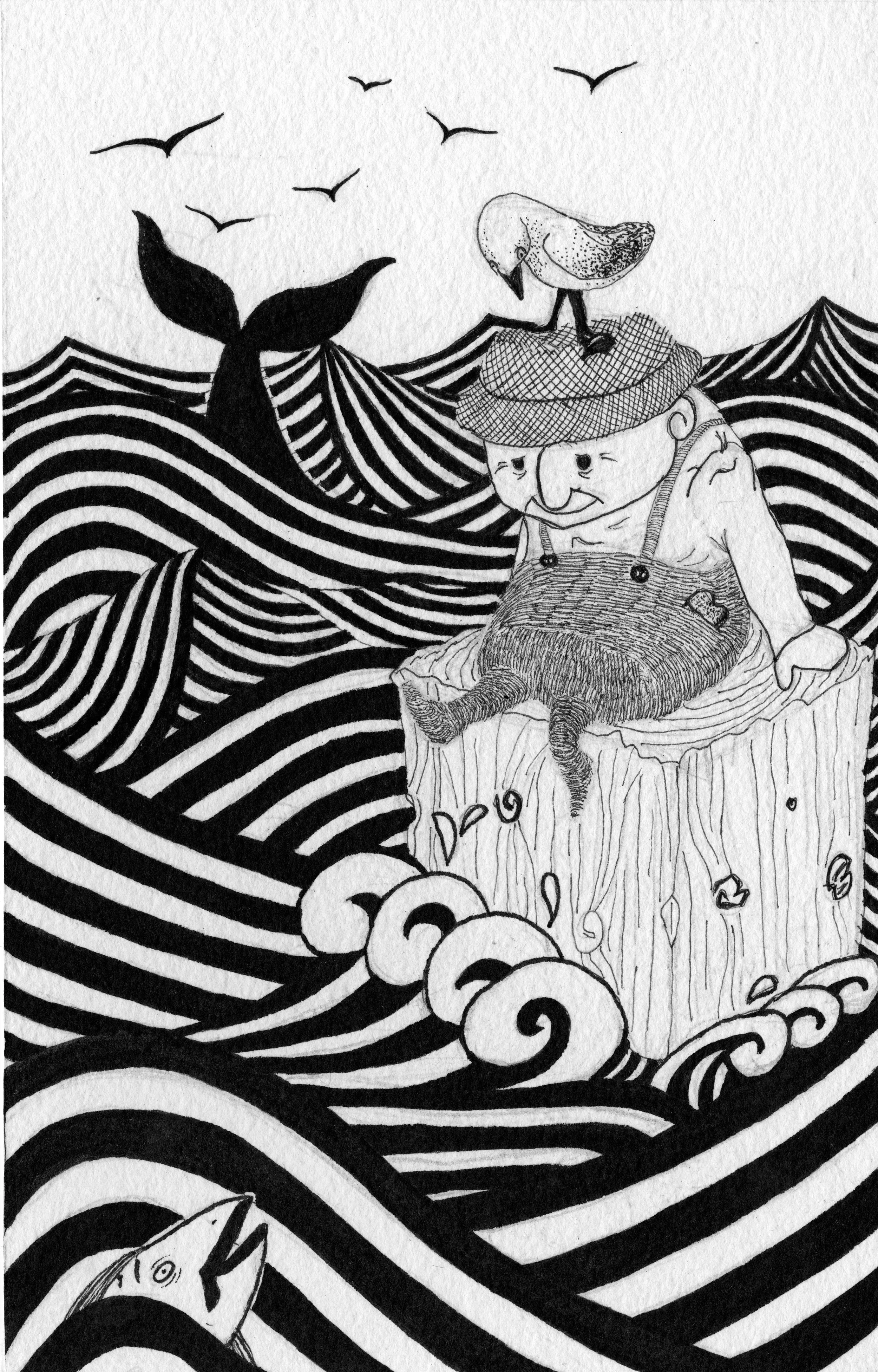 Black and white drawing of a whale tail rising from the ocean with striped waves, a whale below, a young girl sitting on a tree stump with a bird on her head, and birds flying in the sky.