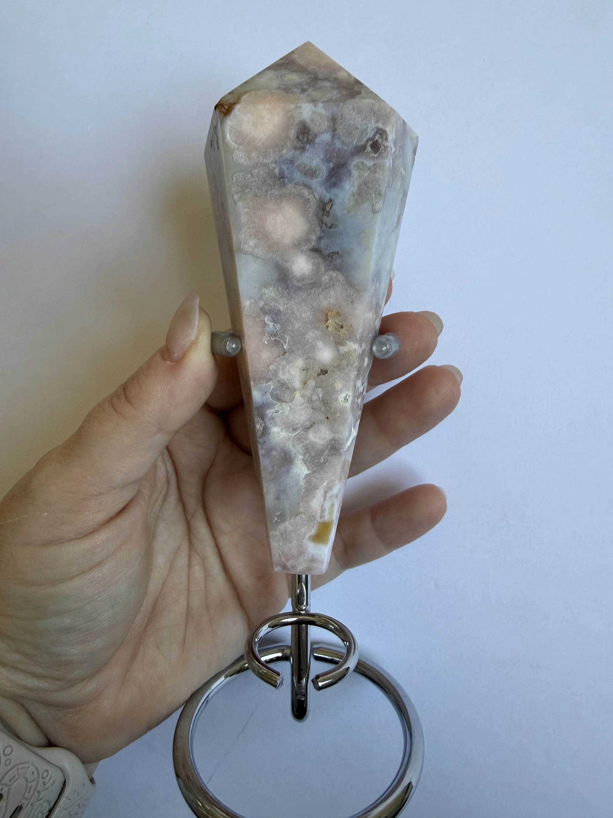 Pink Amethyst x Flower Agate Wand with Stand
