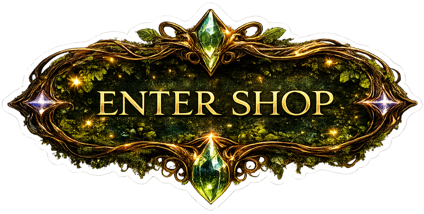 Ornate fantasy-style entrance sign with gold and gemstone accents, reading "ENTER SHOP" in gold letters.