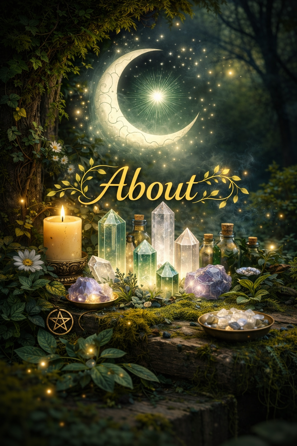 Mystical scene with glowing crystals, candles, and herbs in a forest, illuminated by fairy lights. Illustration of the moon and starry sky with the word 'About' in elegant script.