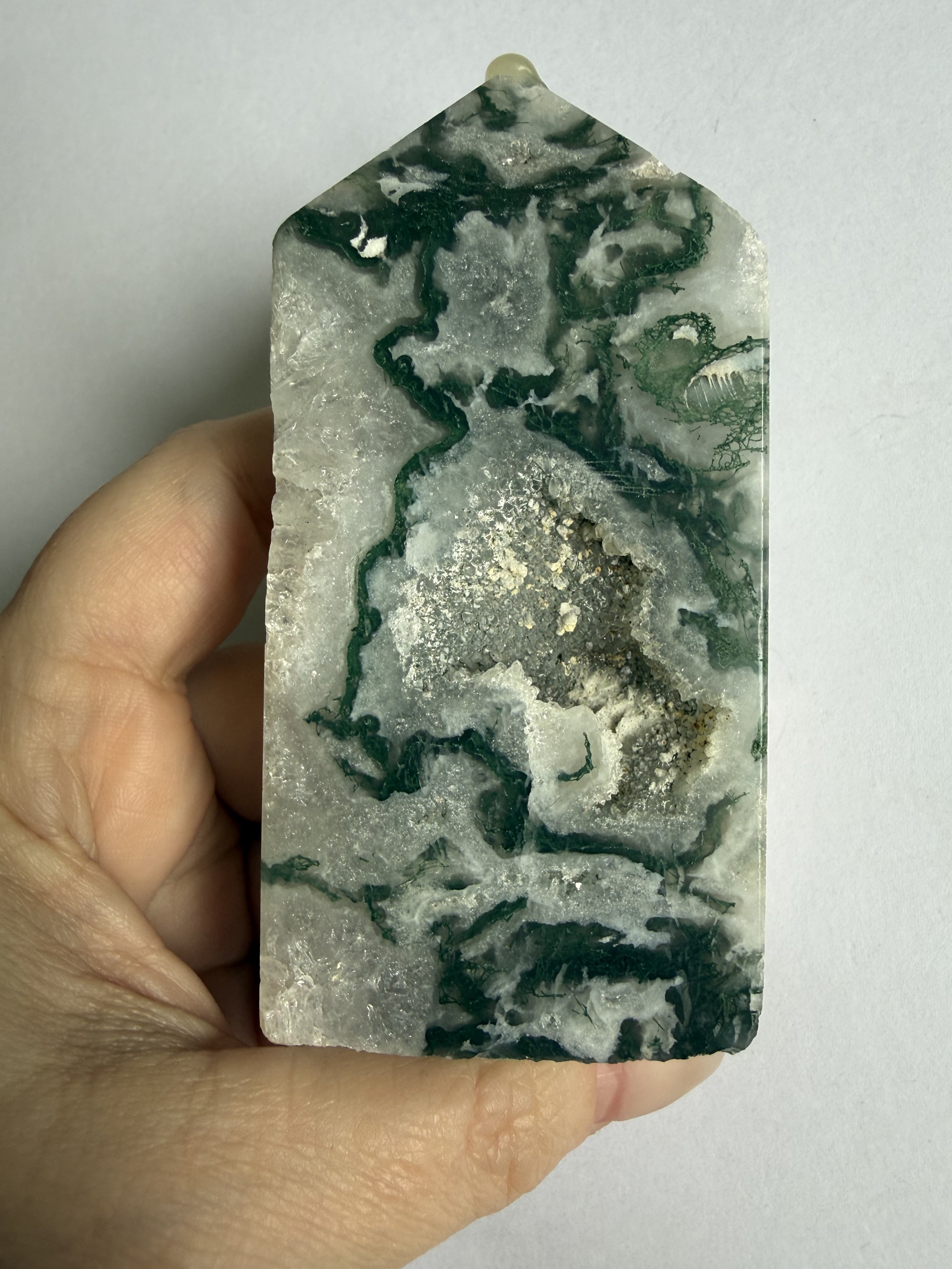 Moss Agate Tower - Part Raw, Part Polished  (B)
