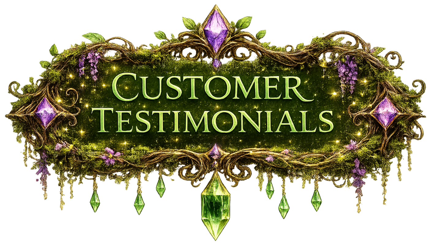 Decorative sign with the words 'Customer Testimonials' in glowing green text, framed by a twisted, vine-like border adorned with purple flowers and illuminated green and purple gemstones hanging down.