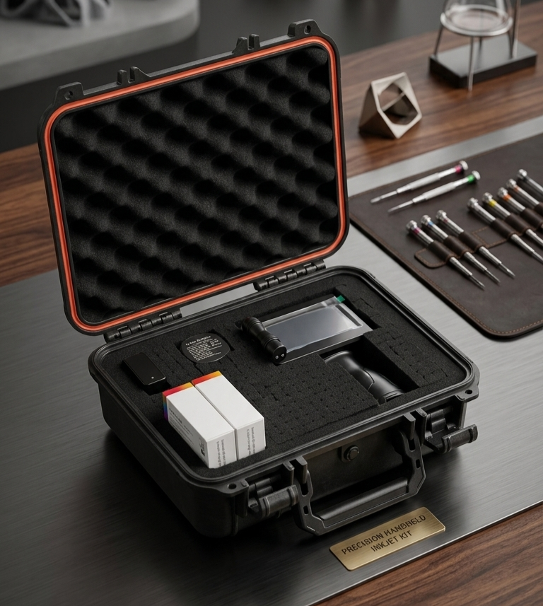 A portable black case with foam padding containing a handheld device, batteries, and accessories, labeled as a "Precizion Hameld field Injector Kit" on a desk with screwdrivers, a lens, and a small geometric mirror in the background.