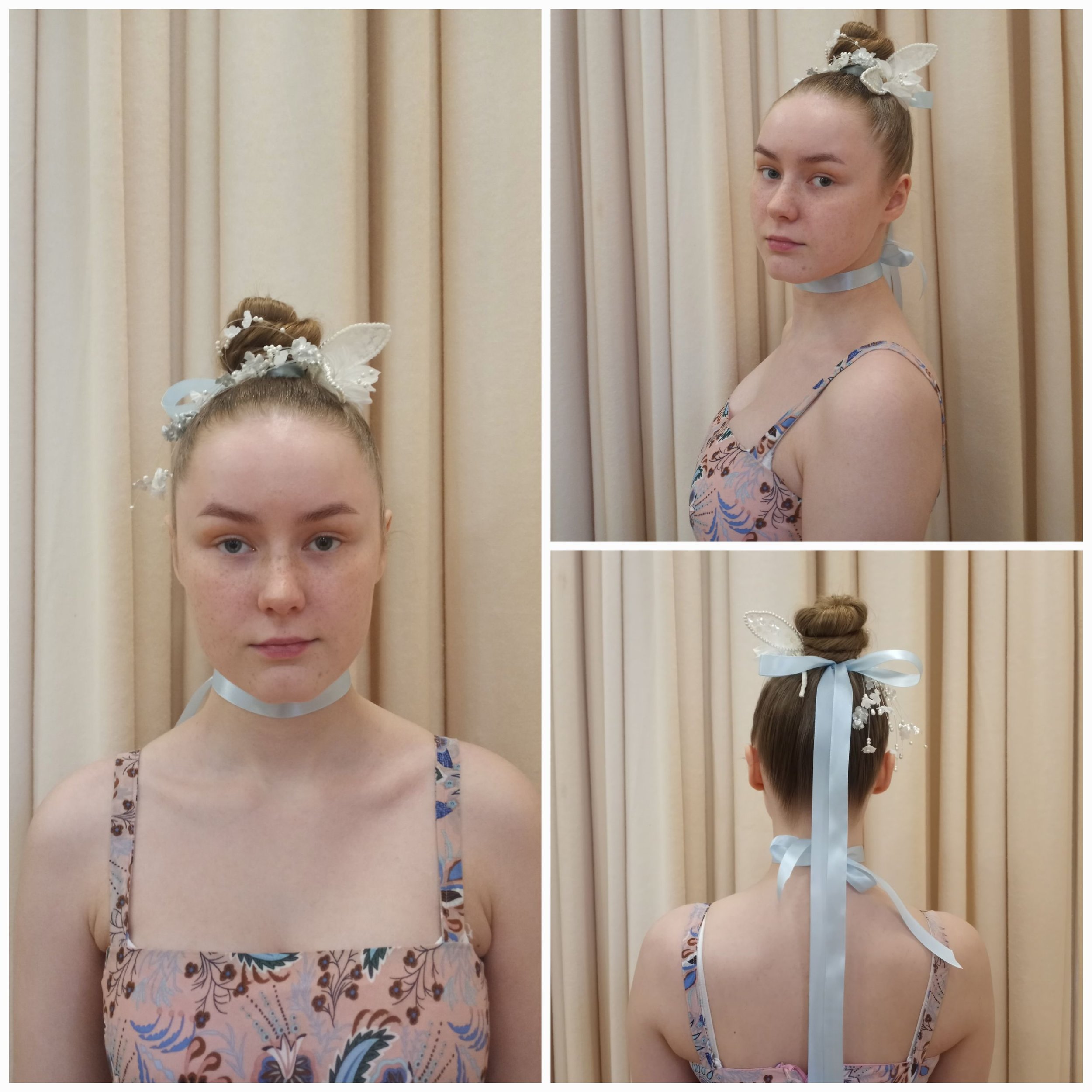 A young woman with a floral dress and a choker, seen from the front and side, standing against a beige curtain backdrop.