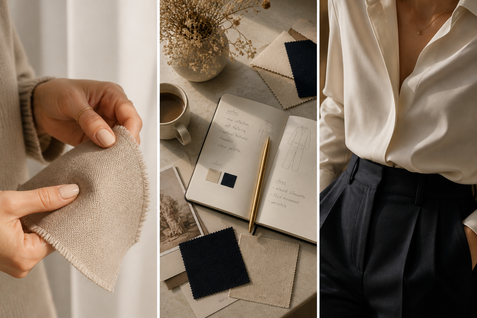 Close-up of hands holding a beige fabric swatch, a table with a notebook, fabric samples, a cup of coffee, and a jewelry photo. A person wearing a cream satin blouse and dark pants is also visible.