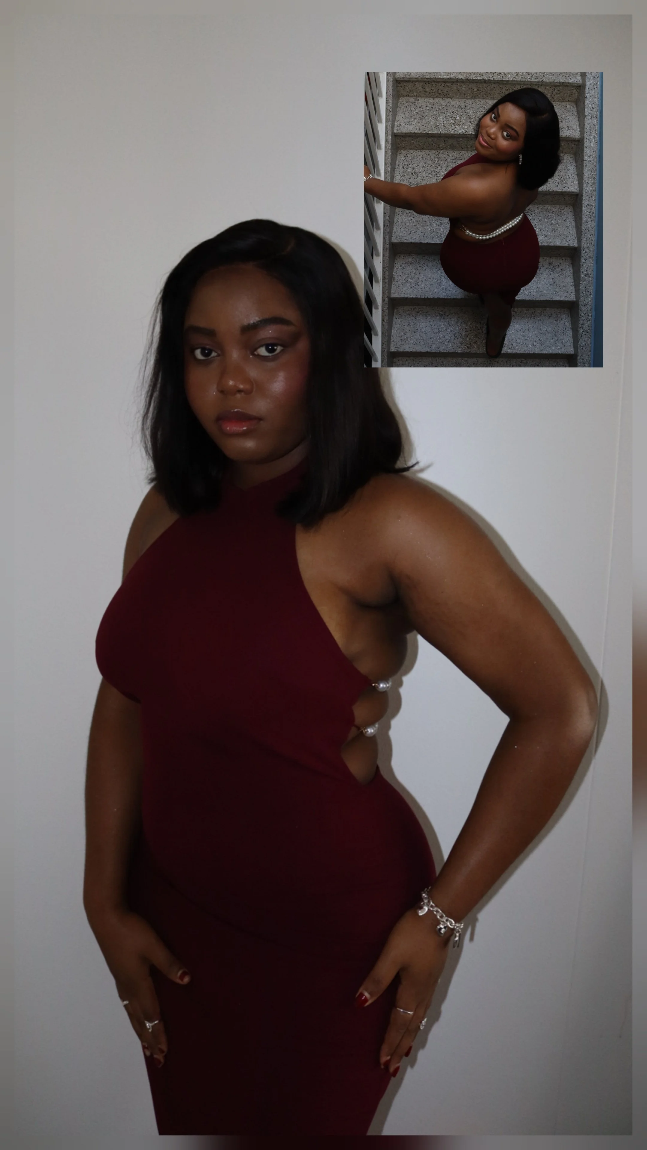 A woman with dark hair wearing a maroon dress with side cutouts, standing against a plain white background, accessorized with jewelry, seen in a full-body reflection and an overhead photo showing her climbing stairs.