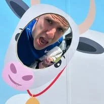 Person looking through a cow-shaped cutout with a playful expression